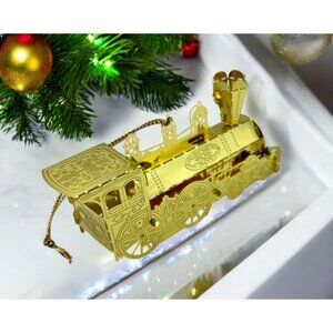 Vintage Train Christmas Ornament Gold Tone Locomotive Filagree Railfan
